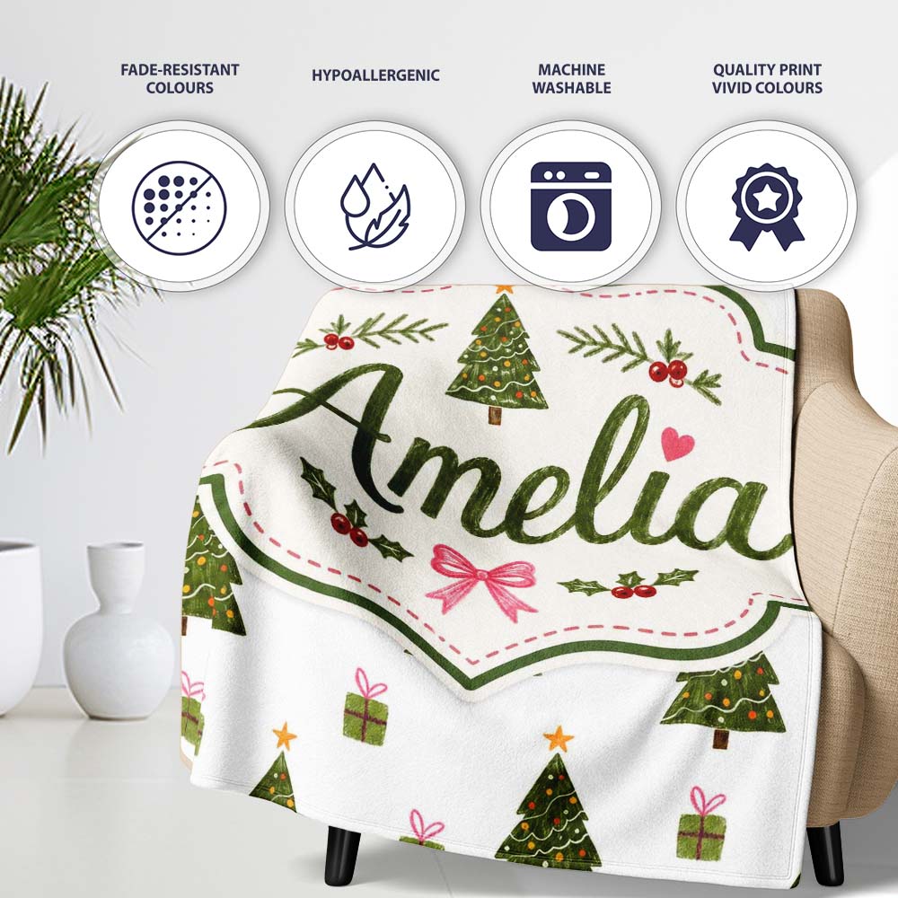 Minimal Christmas Trees with Gifts and Stars Cute Seamless Pattern  Personalised Custom Name Super Soft Fleece Blanket Bed Sofa Throw