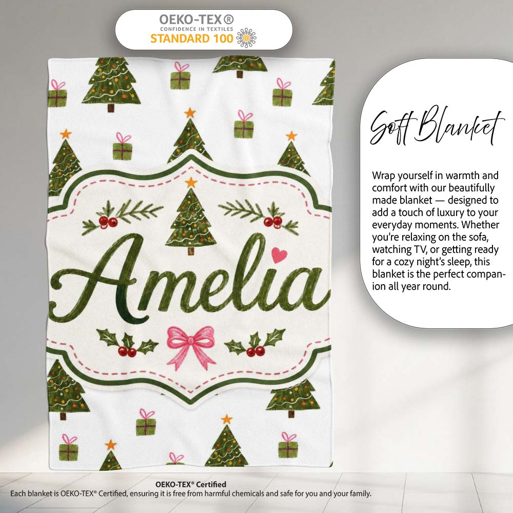 Minimal Christmas Trees with Gifts and Stars Cute Seamless Pattern  Personalised Custom Name Super Soft Fleece Blanket Bed Sofa Throw