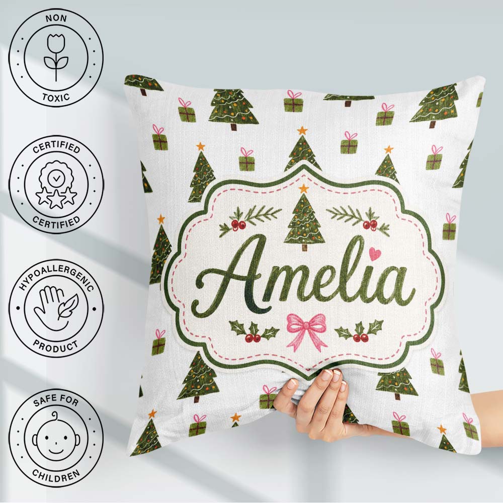 Custom Name Minimal Christmas Trees with Gifts and Stars Pattern Square Filled Cushion Throw Pillow Sofa Bed Home Decor Zip Washable UK Made