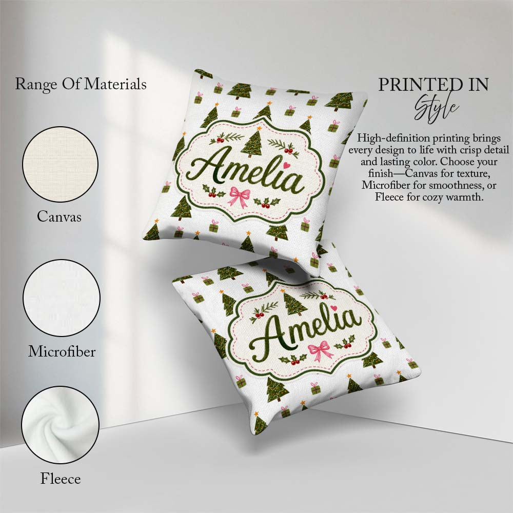Custom Name Minimal Christmas Trees with Gifts and Stars Pattern Square Filled Cushion Throw Pillow Sofa Bed Home Decor Zip Washable UK Made