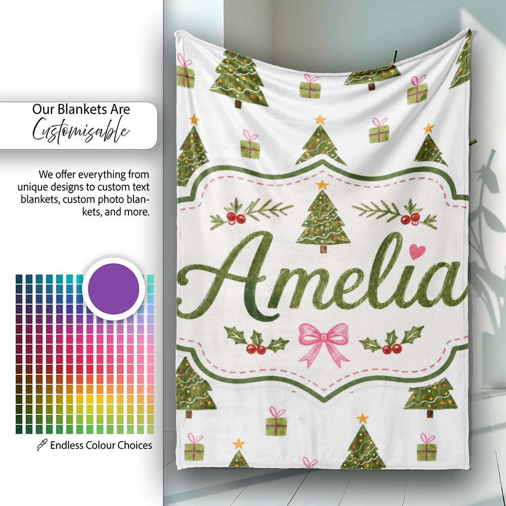 Minimal Christmas Trees with Gifts and Stars Cute Seamless Pattern  Personalised Custom Name Super Soft Fleece Blanket Bed Sofa Throw