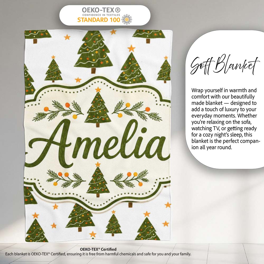 Hand Drawn Christmas Trees with Stars Minimal Seamless Pattern  Personalised Custom Name Super Soft Fleece Blanket Bed Sofa Throw