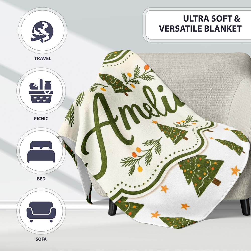 Hand Drawn Christmas Trees with Stars Minimal Seamless Pattern  Personalised Custom Name Super Soft Fleece Blanket Bed Sofa Throw
