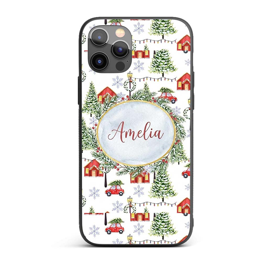 Winter Village with Red Houses Cars and Snowy Custom Name Protective Phone Case Mobile Cover Durable Everyday Smartphone Shock Resistant