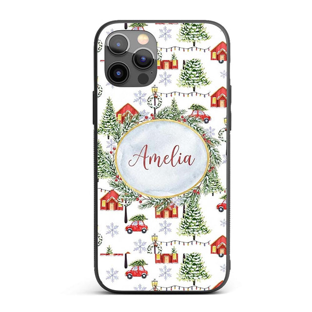 Winter Village with Red Houses Cars and Snowy Custom Name Protective Phone Case Mobile Cover Durable Everyday Smartphone Shock Resistant