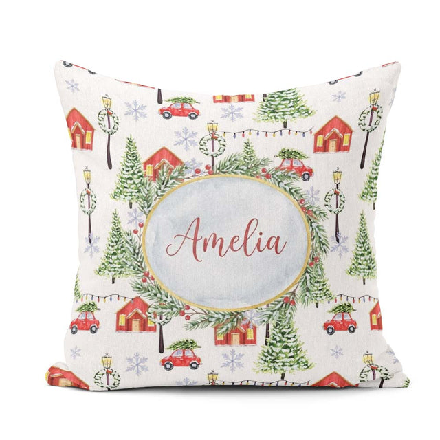 Custom Name Winter with Red Houses Cars and Snowy Trees Seamless Square Filled Cushion Throw Pillow Sofa Bed Home Decor Zip Washable UK Made