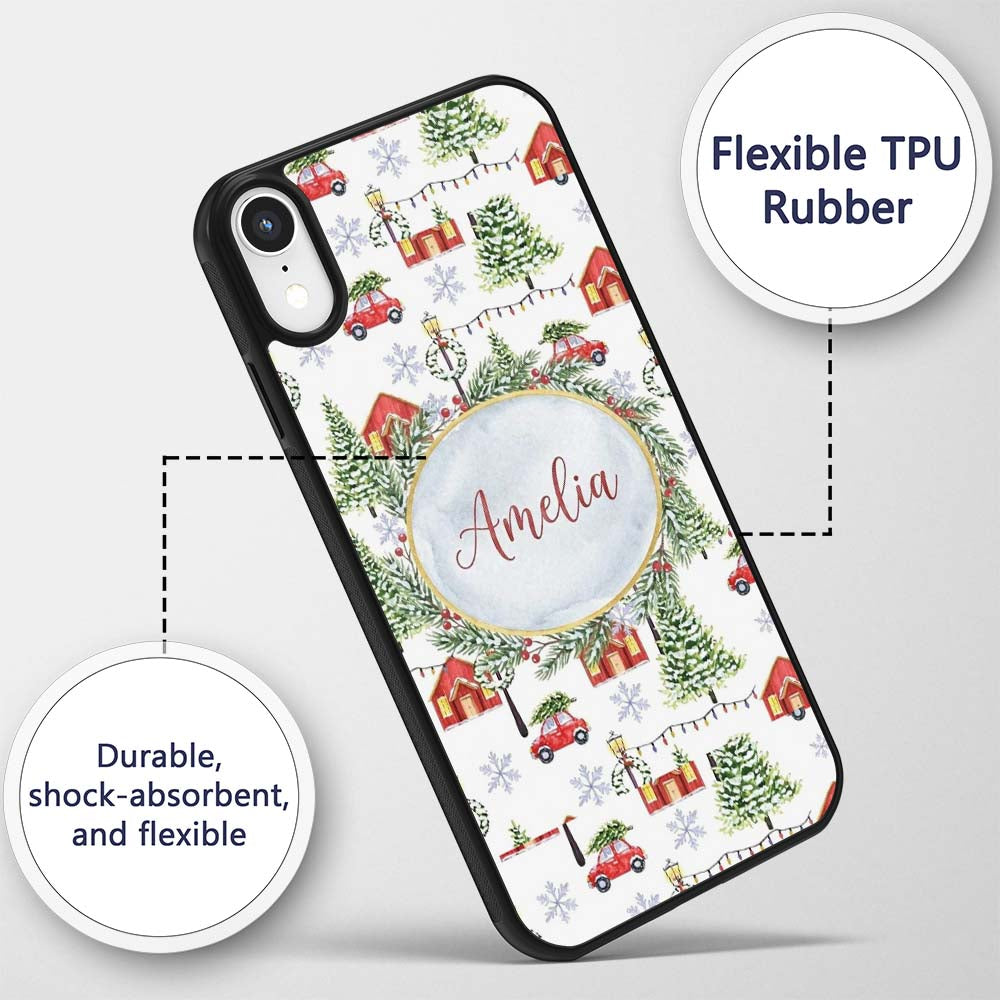 Winter Village with Red Houses Cars and Snowy Custom Name Protective Phone Case Mobile Cover Durable Everyday Smartphone Shock Resistant