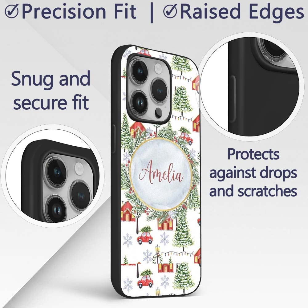 Winter Village with Red Houses Cars and Snowy Custom Name Protective Phone Case Mobile Cover Durable Everyday Smartphone Shock Resistant
