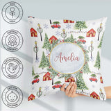 Custom Name Winter with Red Houses Cars and Snowy Trees Seamless Square Filled Cushion Throw Pillow Sofa Bed Home Decor Zip Washable UK Made