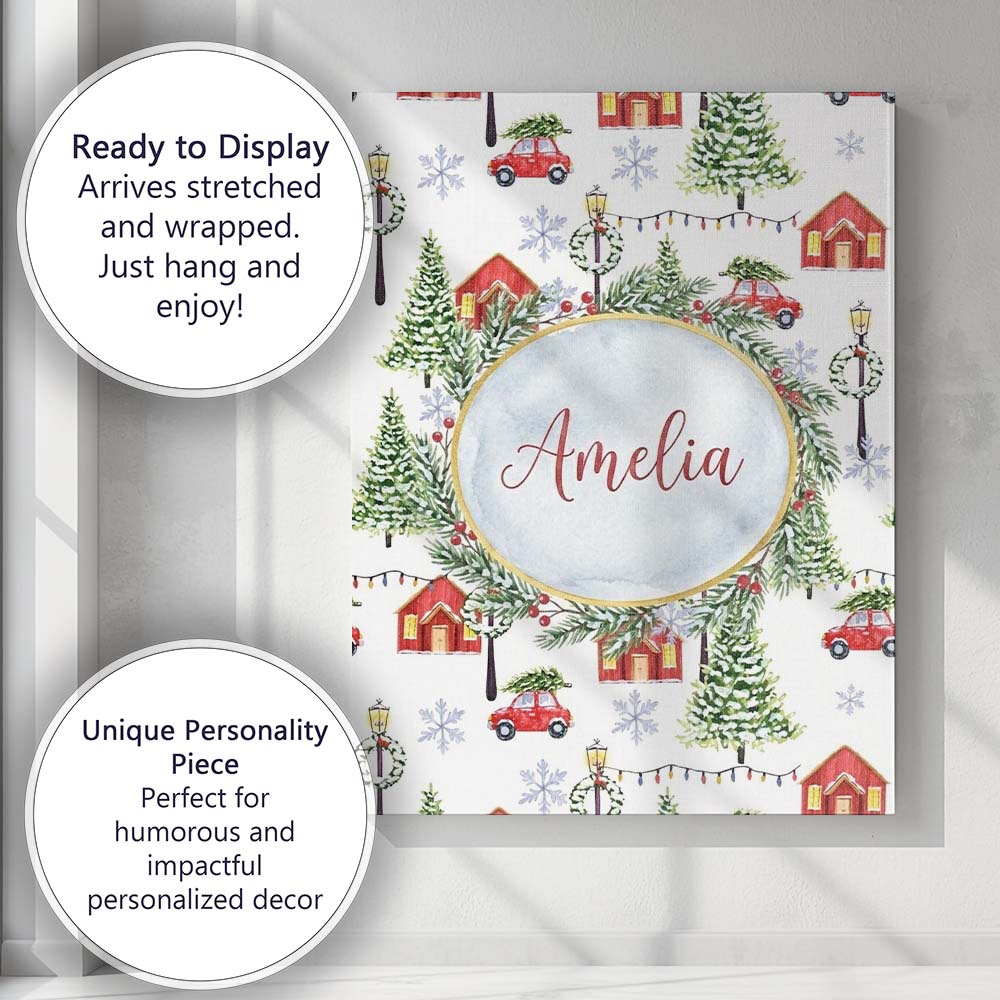 Personalised Name Winter Village with Red Custom  Unique Gift Idea Elegant Feature Canvas Wall Art Print Decor Picture Ready to Hang