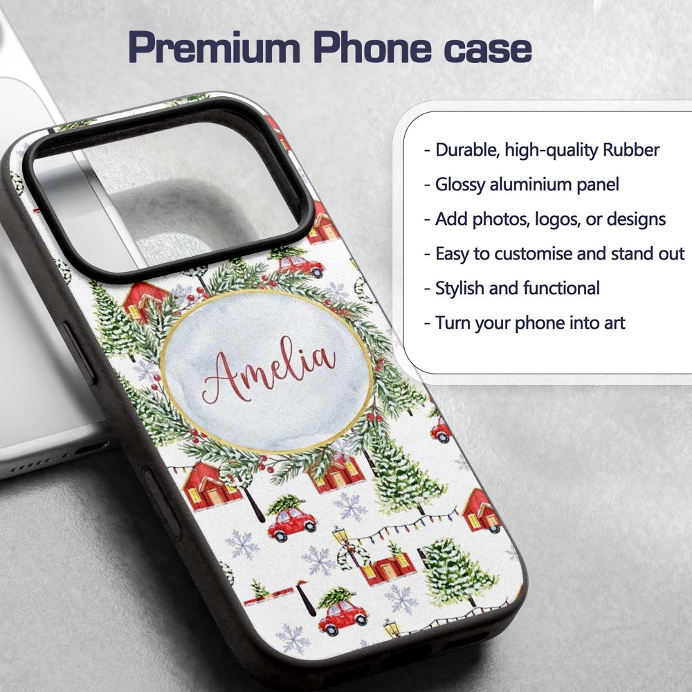 Winter Village with Red Houses Cars and Snowy Custom Name Protective Phone Case Mobile Cover Durable Everyday Smartphone Shock Resistant