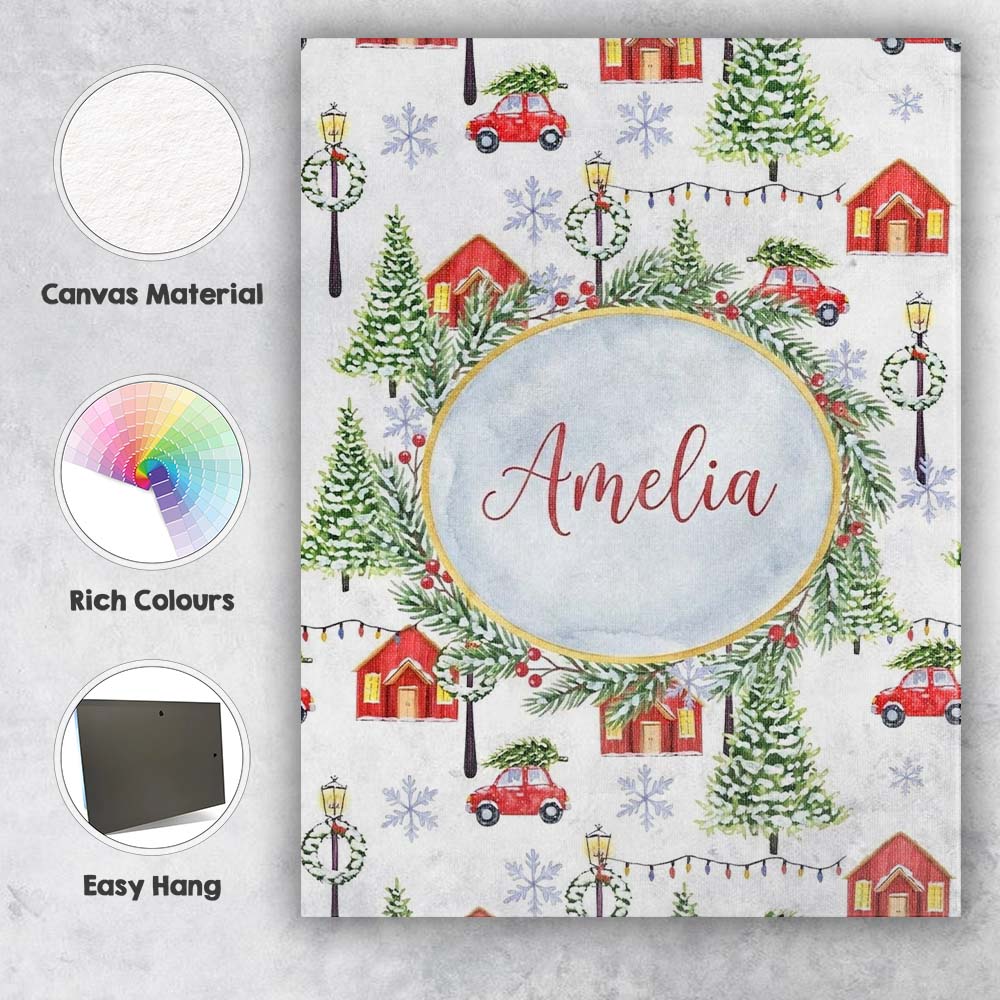 Personalised Name Winter Village with Red Custom  Unique Gift Idea Elegant Feature Canvas Wall Art Print Decor Picture Ready to Hang