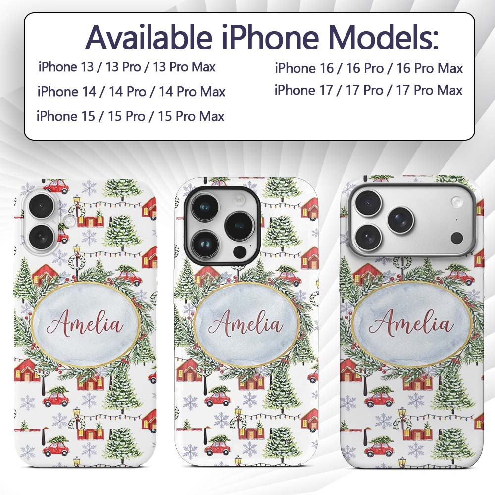 Winter Village with Red Houses Cars and Snowy Custom Name Protective Phone Case Mobile Cover Durable Everyday Smartphone Shock Resistant