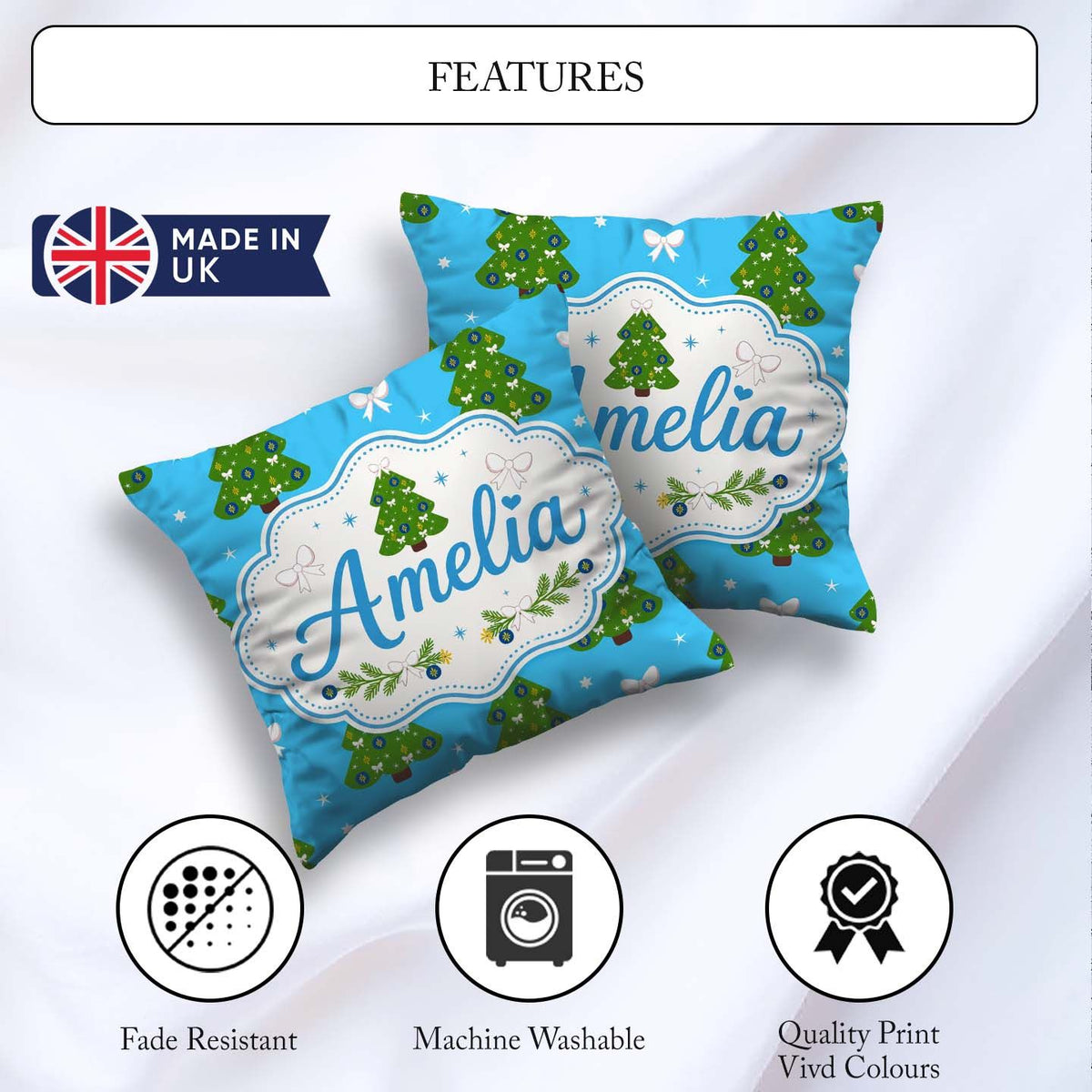 Custom Name Trees with Bows and Stars on Blue Background Festive Square Filled Cushion Throw Pillow Sofa Bed Home Decor Zip Washable UK Made