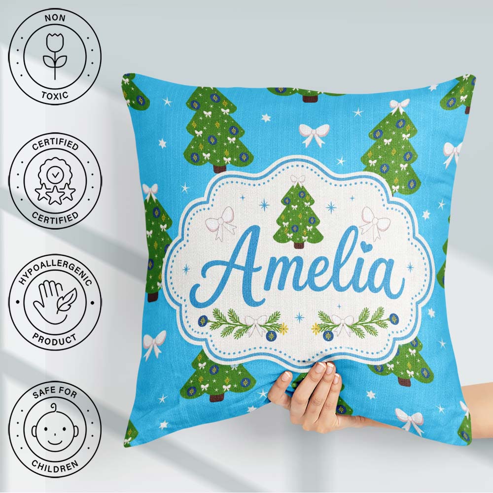 Custom Name Trees with Bows and Stars on Blue Background Festive Square Filled Cushion Throw Pillow Sofa Bed Home Decor Zip Washable UK Made