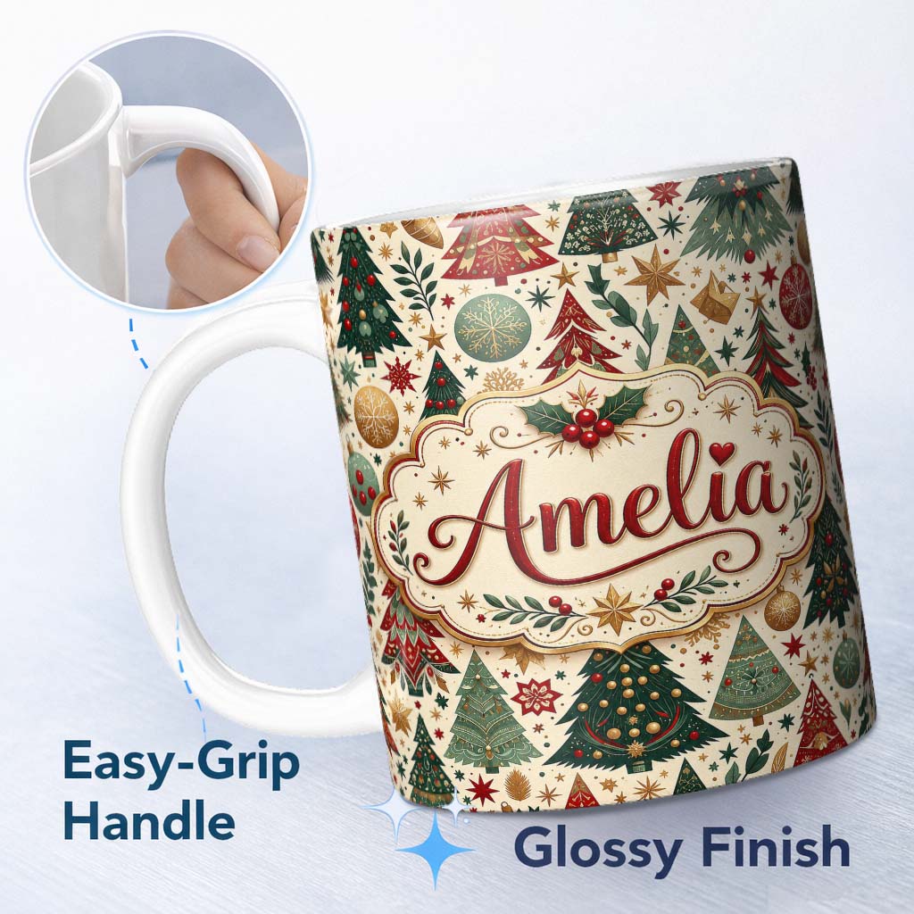 Personalized Custom Name Decorative Christmas Tree Ornament Star Holiday Seamless Pattern 11oz Ceramic Coffee Tea Mug White Large Handle