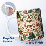 Personalized Custom Name Decorative Christmas Tree Ornament Star Holiday Seamless Pattern 11oz Ceramic Coffee Tea Mug White Large Handle