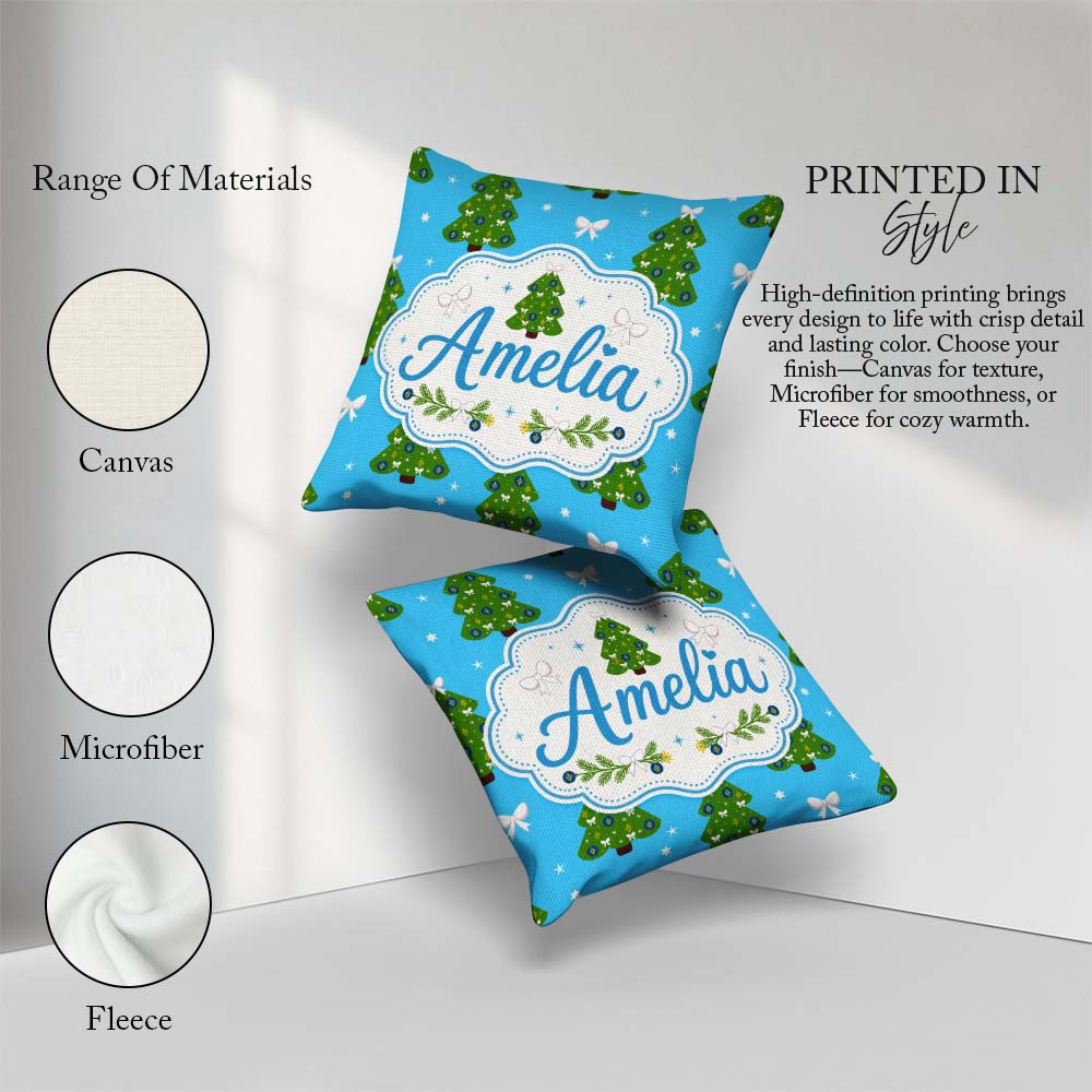 Custom Name Trees with Bows and Stars on Blue Background Festive Square Filled Cushion Throw Pillow Sofa Bed Home Decor Zip Washable UK Made