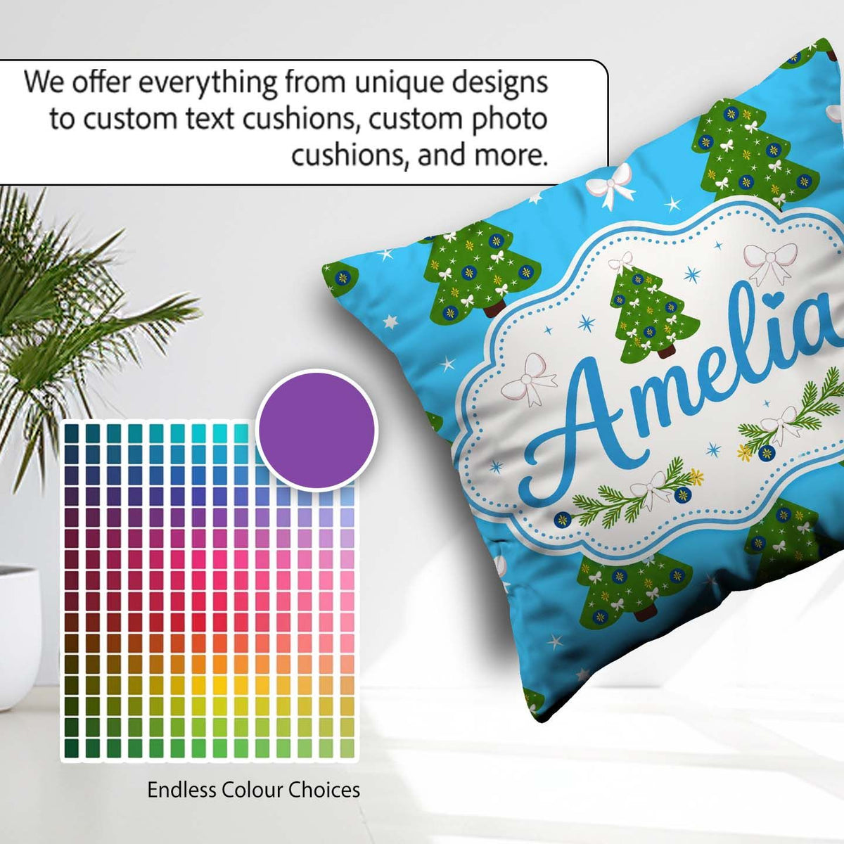 Custom Name Trees with Bows and Stars on Blue Background Festive Square Filled Cushion Throw Pillow Sofa Bed Home Decor Zip Washable UK Made