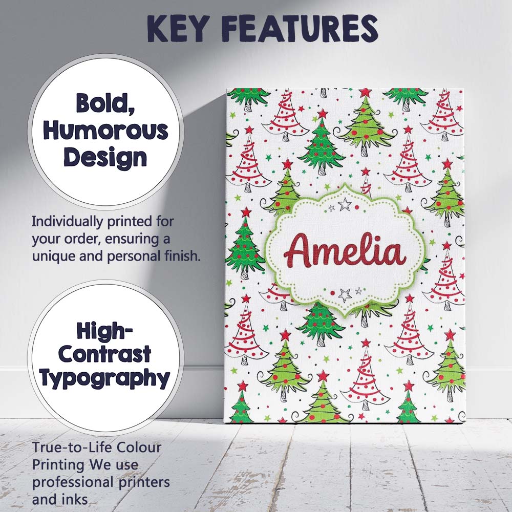 Personalised Name Hand Drawn Christmas Custom  Modern Room Accent Elegant Feature Canvas Wall Art Print Decor Picture Ready to Hang