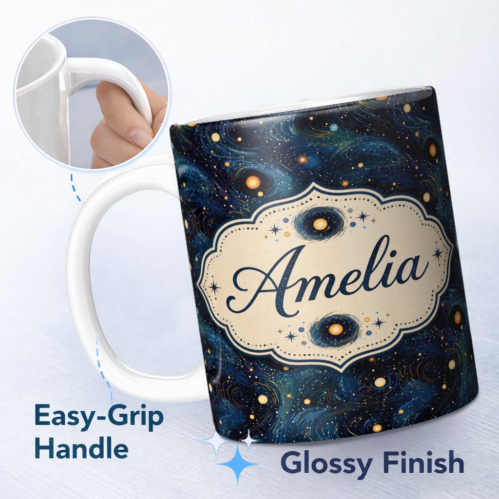 Personalized Custom Name Blue Swirling Starfield Galaxy Space Seamless Pattern Night Cosmic 11oz Ceramic Coffee Tea Mug White Large Handle