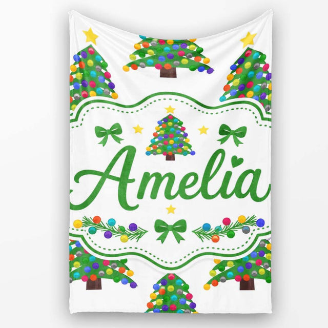 Colorful Christmas Tree with Bright Baubles and Star Top Seamless  Personalised Custom Name Super Soft Fleece Blanket Bed Sofa Throw
