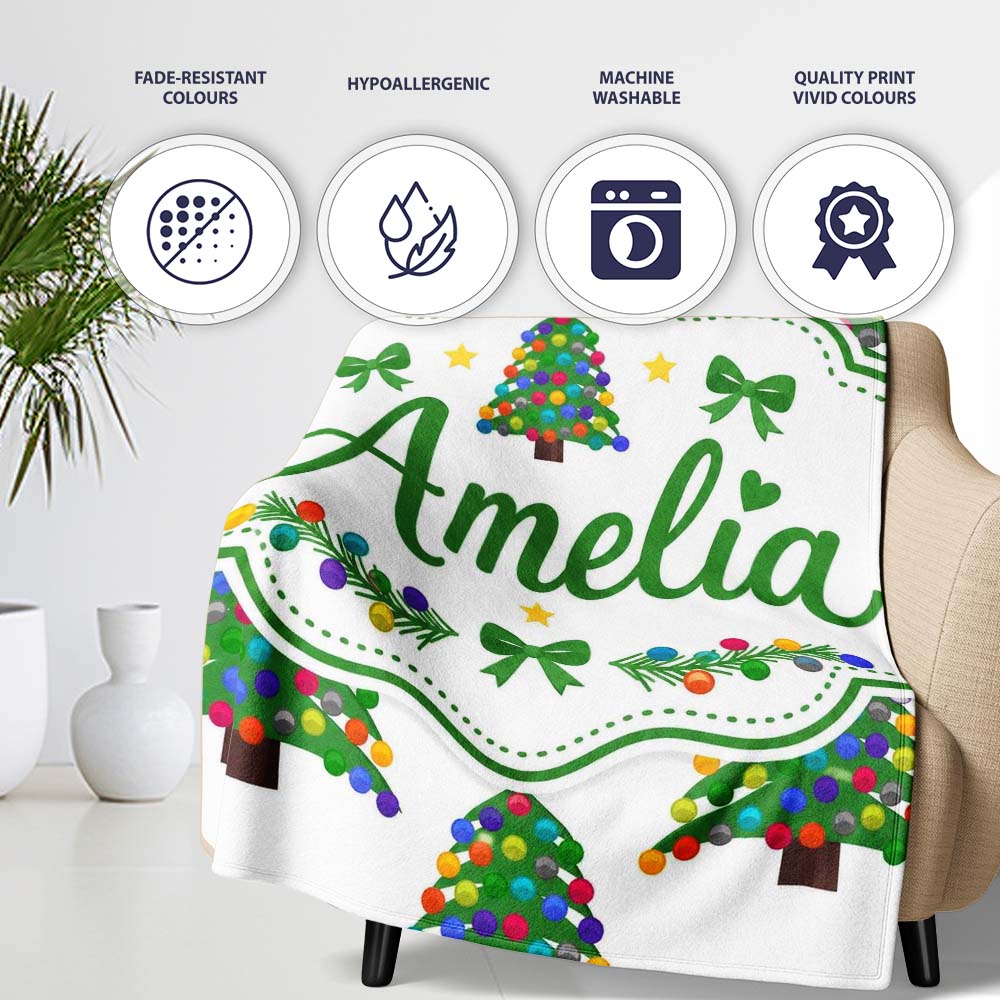 Colorful Christmas Tree with Bright Baubles and Star Top Seamless  Personalised Custom Name Super Soft Fleece Blanket Bed Sofa Throw