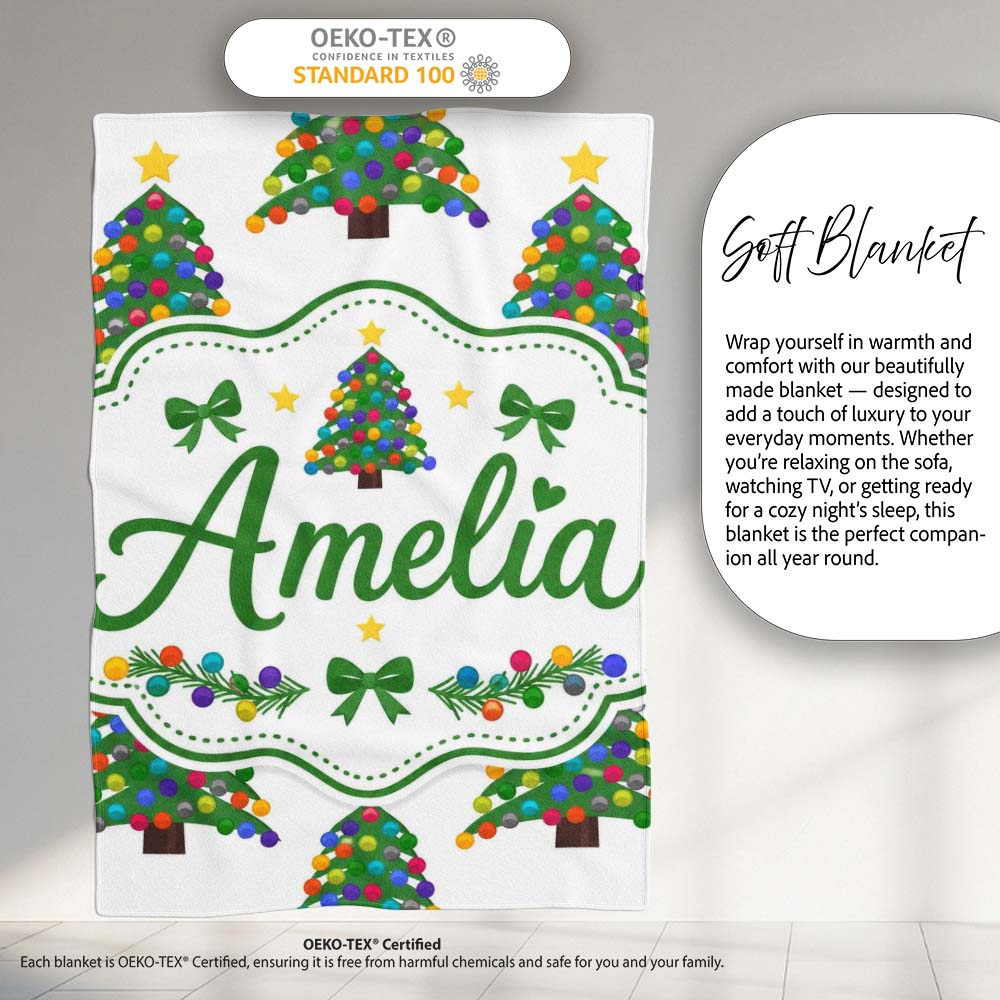 Colorful Christmas Tree with Bright Baubles and Star Top Seamless  Personalised Custom Name Super Soft Fleece Blanket Bed Sofa Throw