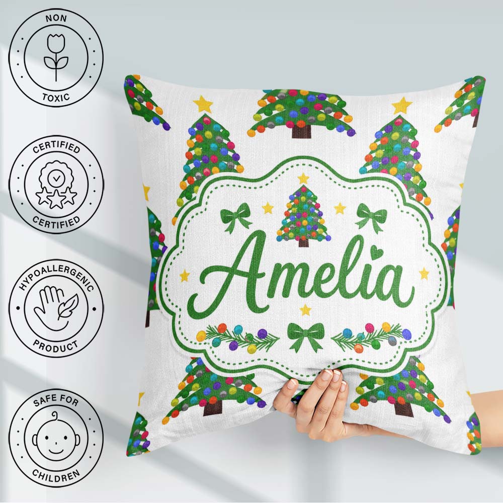 Custom Name Colorful Christmas Tree with Bright Baubles and Star Square Filled Cushion Throw Pillow Sofa Bed Home Decor Zip Washable UK Made