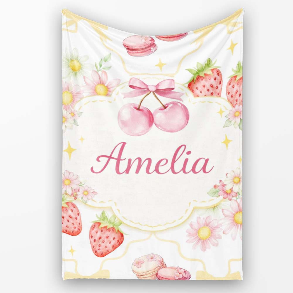 Strawberry Cherry Daisy White Yellow Outline Cute Coquette Floral  Personalised Custom Name Super Soft Fleece Blanket Bed Sofa Throw