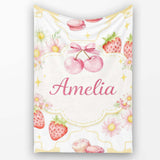 Strawberry Cherry Daisy White Yellow Outline Cute Coquette Floral  Personalised Custom Name Super Soft Fleece Blanket Bed Sofa Throw