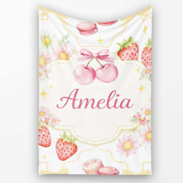 Strawberry Cherry Daisy White Yellow Outline Cute Coquette Floral  Personalised Custom Name Super Soft Fleece Blanket Bed Sofa Throw