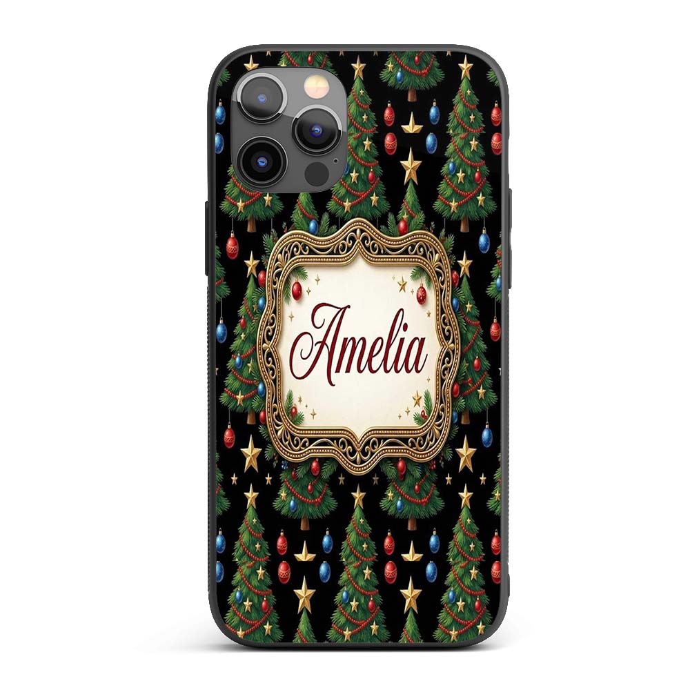Christmas Trees with Golden Stars and Ornaments Custom Name Protective Phone Case Mobile Cover Durable Everyday Smartphone Shock Resistant