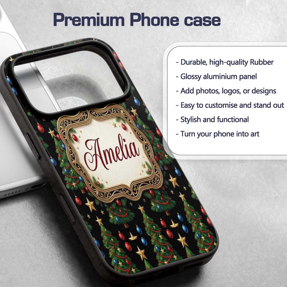 Christmas Trees with Golden Stars and Ornaments Custom Name Protective Phone Case Mobile Cover Durable Everyday Smartphone Shock Resistant
