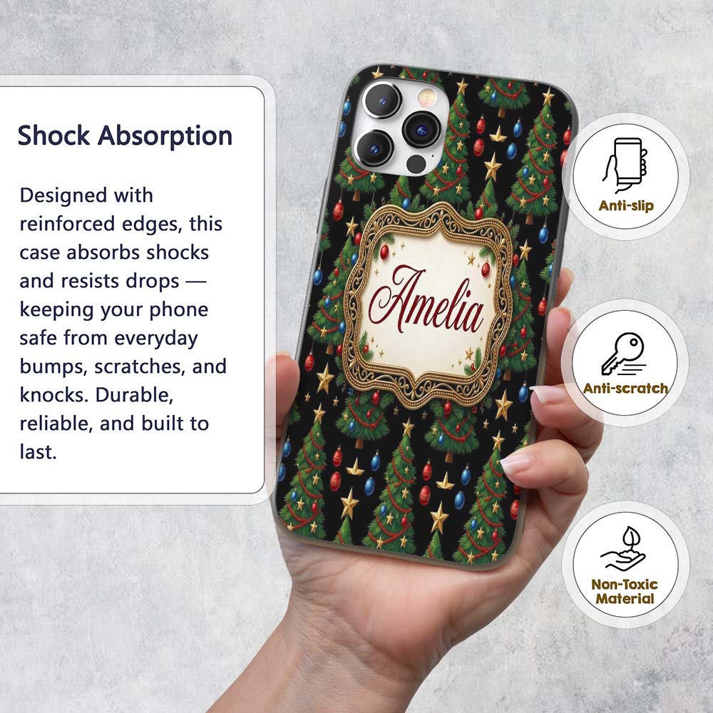 Christmas Trees with Golden Stars and Ornaments Custom Name Protective Phone Case Mobile Cover Durable Everyday Smartphone Shock Resistant