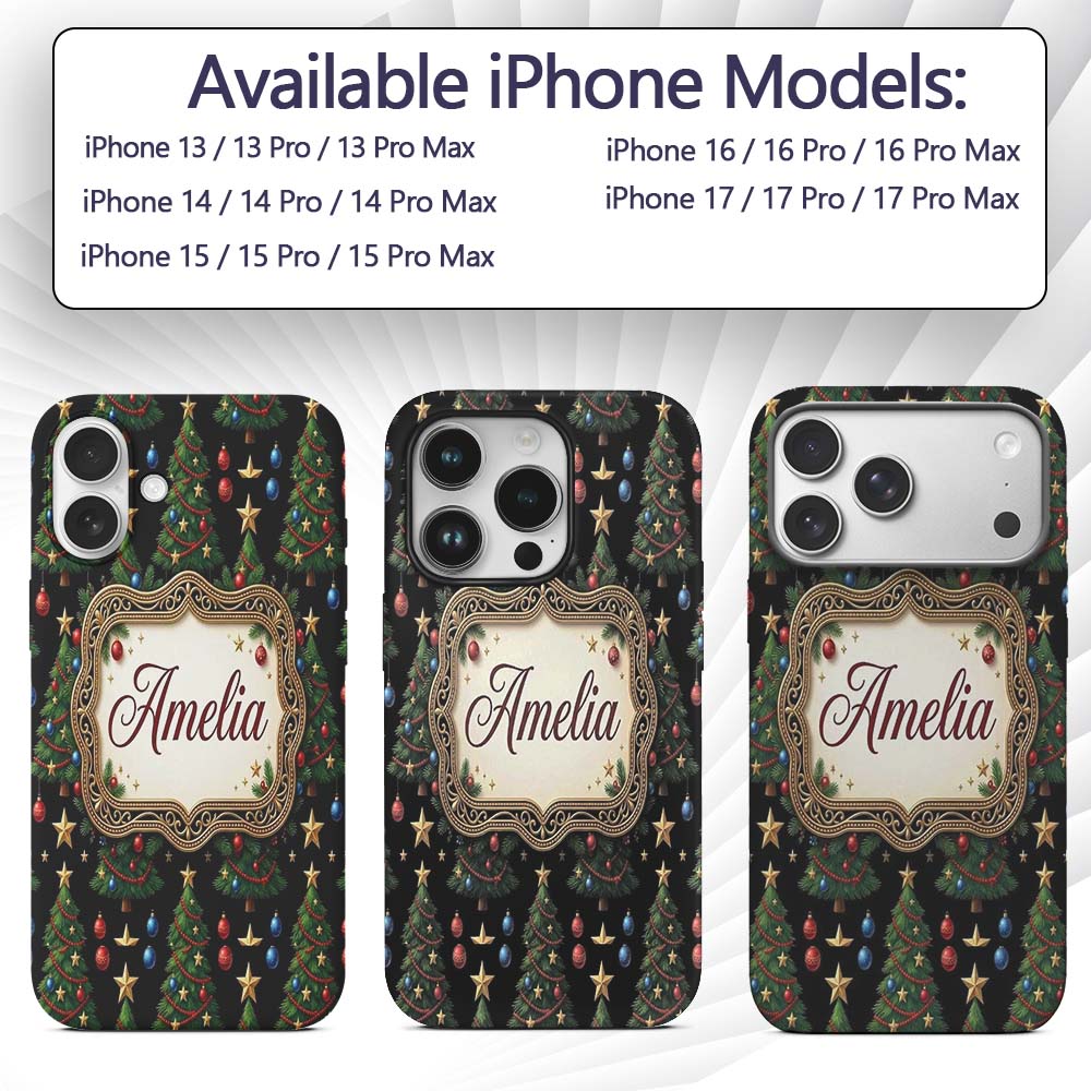 Christmas Trees with Golden Stars and Ornaments Custom Name Protective Phone Case Mobile Cover Durable Everyday Smartphone Shock Resistant