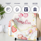 Strawberry Cherry Daisy White Yellow Outline Cute Coquette Floral  Personalised Custom Name Super Soft Fleece Blanket Bed Sofa Throw