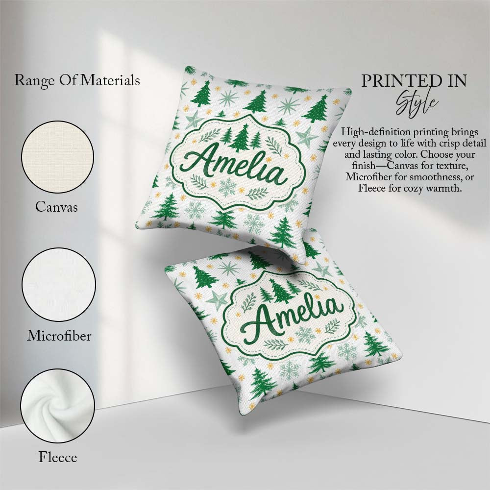 Custom Name Minimal Christmas Trees with Snowflakes and Seamless Square Filled Cushion Throw Pillow Sofa Bed Home Decor Zip Washable UK Made