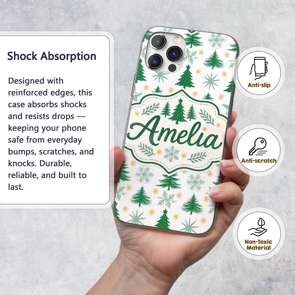 Minimal Christmas Trees with Decorative Design Custom Name Protective Phone Case Mobile Cover Durable Everyday Smartphone Shock Resistant