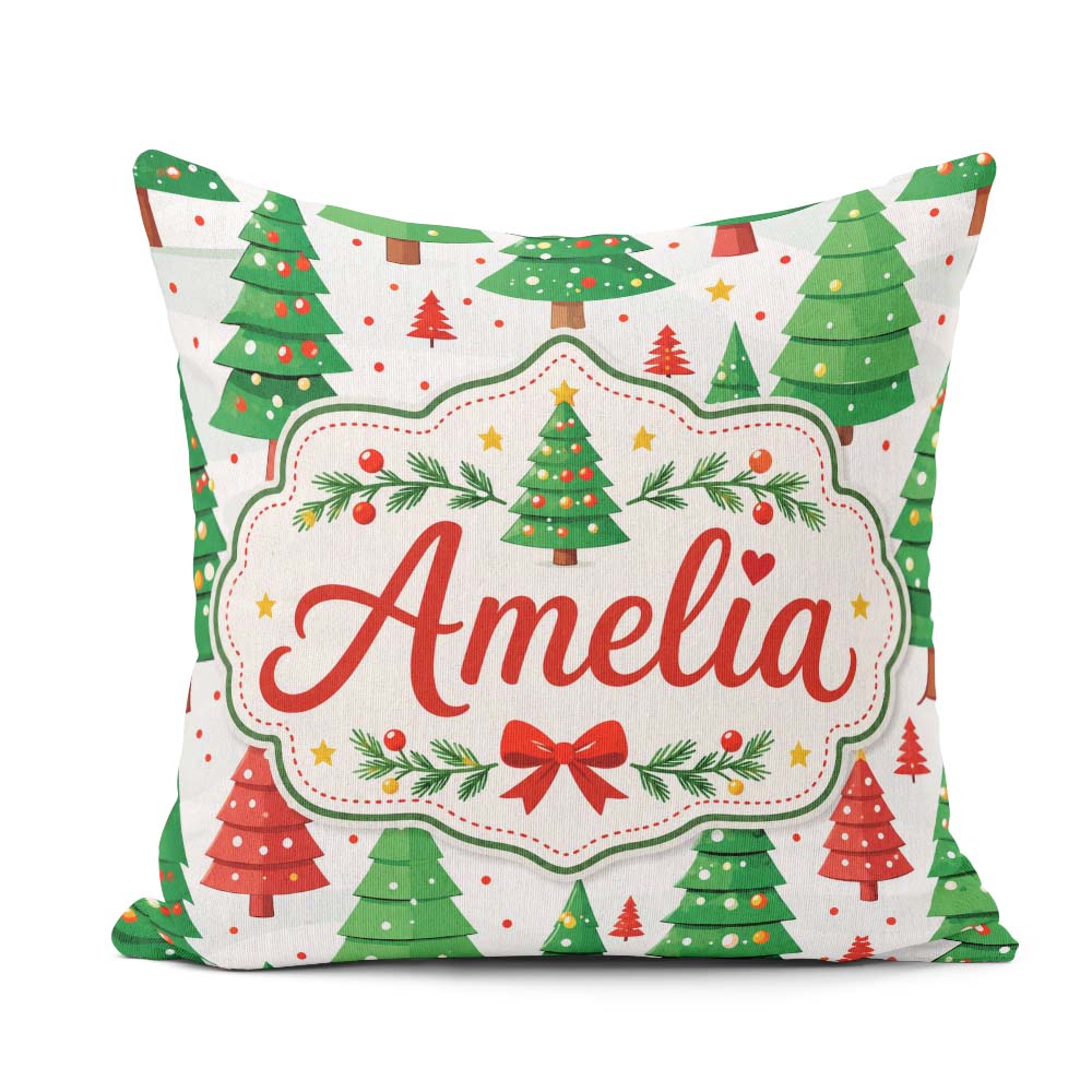 Custom Name Modern Christmas Trees in Red and Green Winter Scene Square Filled Cushion Throw Pillow Sofa Bed Home Decor Zip Washable UK Made
