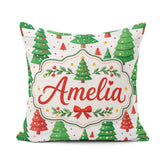 Custom Name Modern Christmas Trees in Red and Green Winter Scene Square Filled Cushion Throw Pillow Sofa Bed Home Decor Zip Washable UK Made