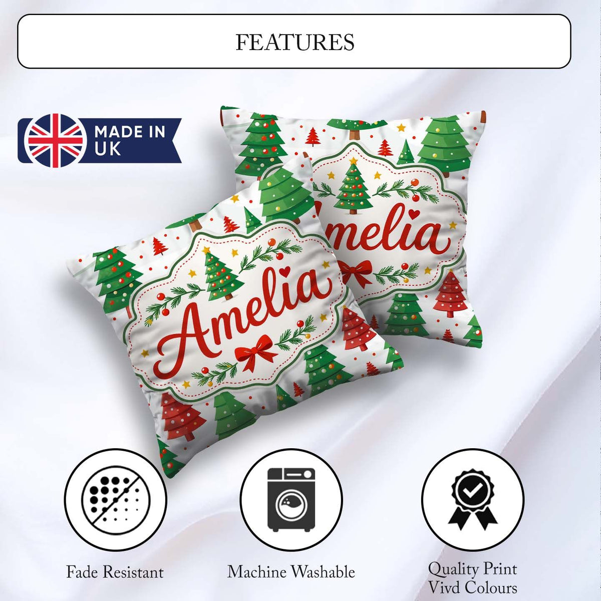Custom Name Modern Christmas Trees in Red and Green Winter Scene Square Filled Cushion Throw Pillow Sofa Bed Home Decor Zip Washable UK Made