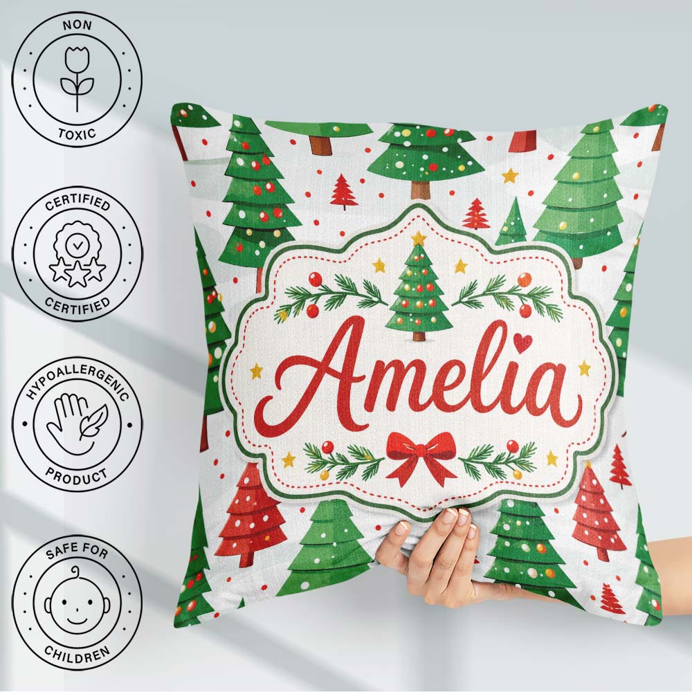 Custom Name Modern Christmas Trees in Red and Green Winter Scene Square Filled Cushion Throw Pillow Sofa Bed Home Decor Zip Washable UK Made