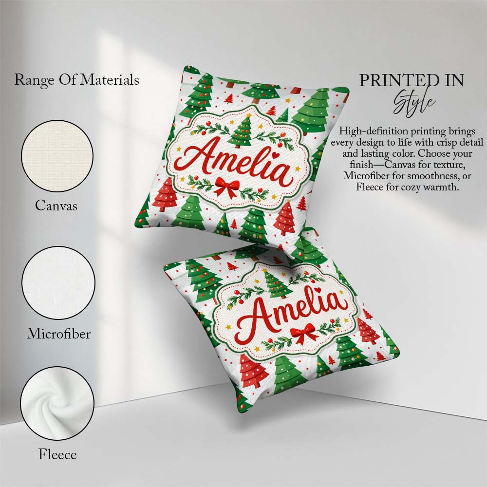 Custom Name Modern Christmas Trees in Red and Green Winter Scene Square Filled Cushion Throw Pillow Sofa Bed Home Decor Zip Washable UK Made
