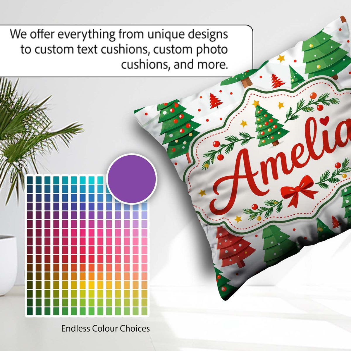Custom Name Modern Christmas Trees in Red and Green Winter Scene Square Filled Cushion Throw Pillow Sofa Bed Home Decor Zip Washable UK Made