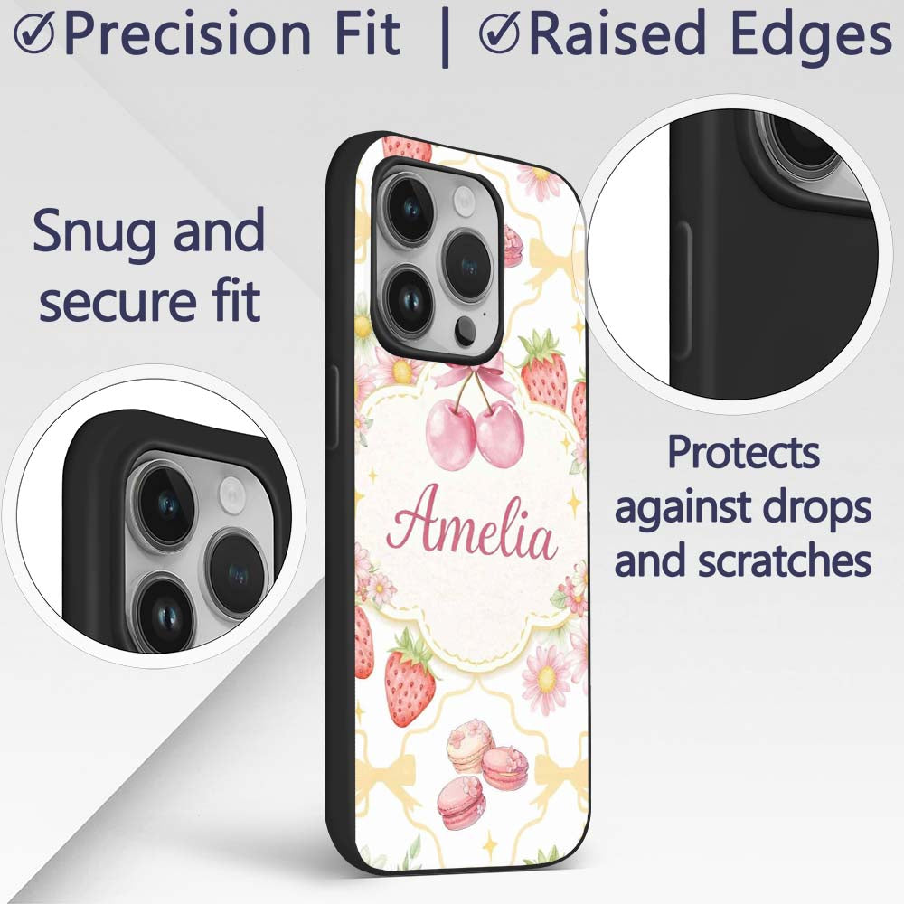 Strawberry Cherry Daisy White Yellow Outline Cute Custom Name Protective Phone Case Mobile Cover Durable Everyday Smartphone Shock Resistant