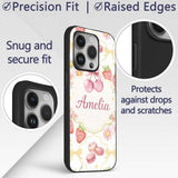 Strawberry Cherry Daisy White Yellow Outline Cute Custom Name Protective Phone Case Mobile Cover Durable Everyday Smartphone Shock Resistant