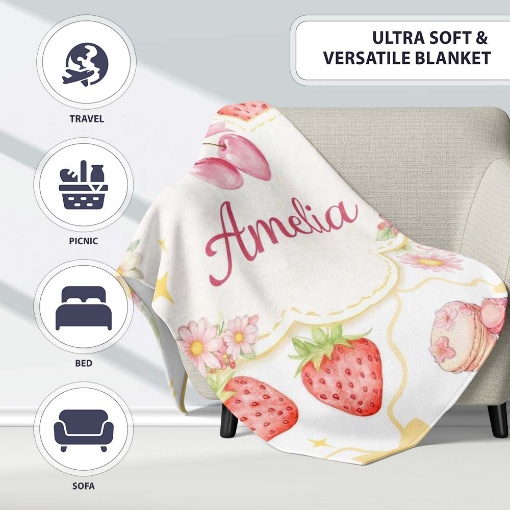 Strawberry Cherry Daisy White Yellow Outline Cute Coquette Floral  Personalised Custom Name Super Soft Fleece Blanket Bed Sofa Throw