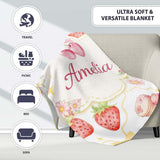 Strawberry Cherry Daisy White Yellow Outline Cute Coquette Floral  Personalised Custom Name Super Soft Fleece Blanket Bed Sofa Throw