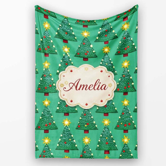 Festive Christmas Trees with Yellow Stars on Green Background Lovely  Personalised Custom Name Super Soft Fleece Blanket Bed Sofa Throw